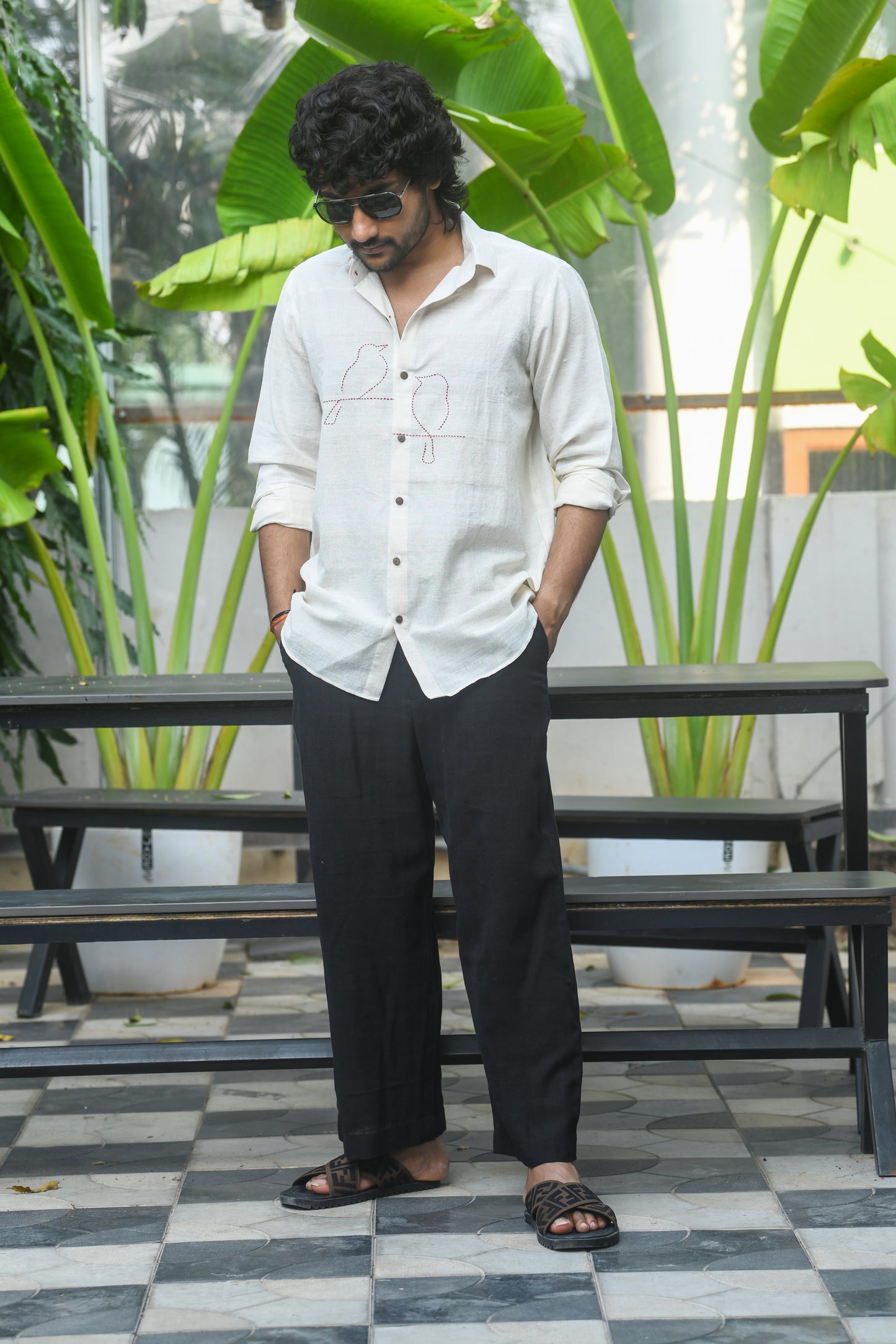Bird embroidered Khadi Shirt