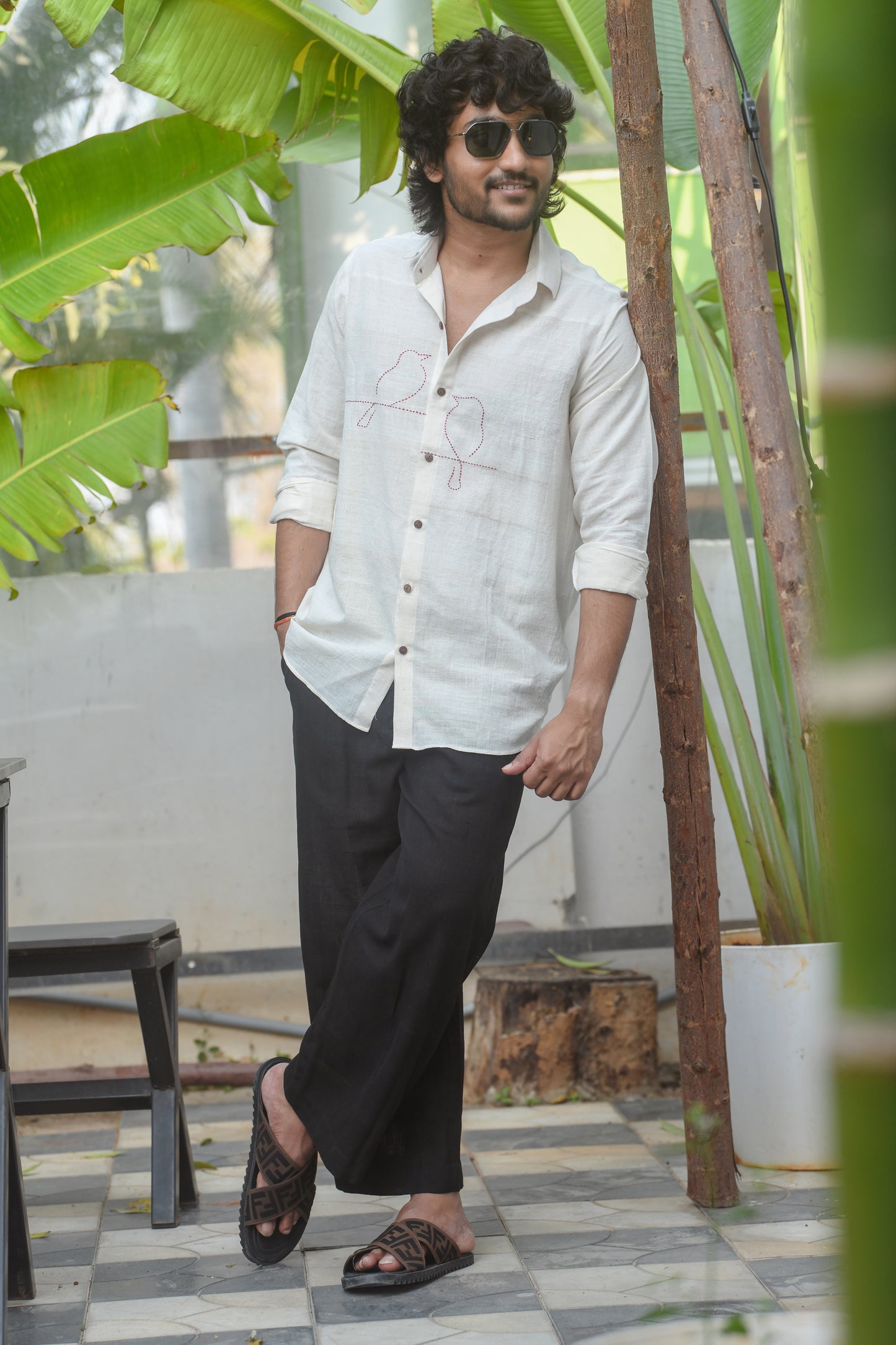 Bird embroidered Khadi Shirt