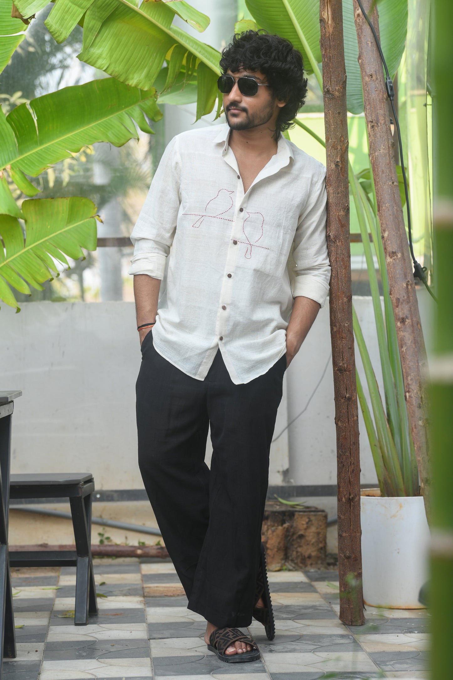 Bird embroidered Khadi Shirt